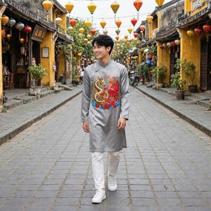 ÁO DÀI CÁCH TÂN NAM RỒNG PHƯỢNG 