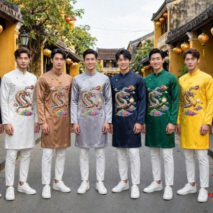 ÁO DÀI HỌA TIẾT RỒNG MÂY NGŨ SẮC