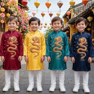 ÁO DÀI CÁCH TÂN HỌA TIẾT RỒNG VÀNG