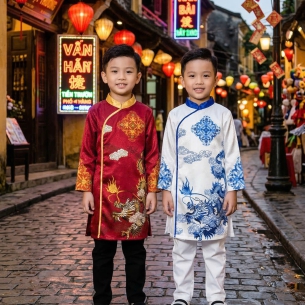 ÁO DÀI CÁCH TÂN HỌA TIẾT RỒNG CHO BÉ TRAI