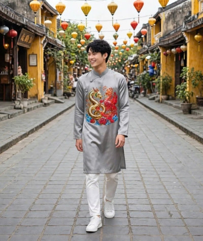 ÁO DÀI CÁCH TÂN NAM RỒNG PHƯỢNG 