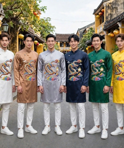 ÁO DÀI HỌA TIẾT RỒNG MÂY NGŨ SẮC