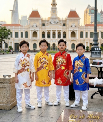 ÁO DÀI CÁCH TÂN BÉ TRAI HỌA TIẾT RỒNG NGỌC