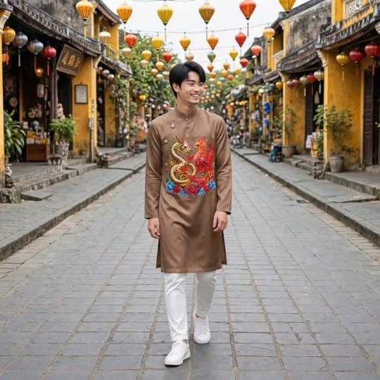 ÁO DÀI CÁCH TÂN NAM RỒNG PHƯỢNG 