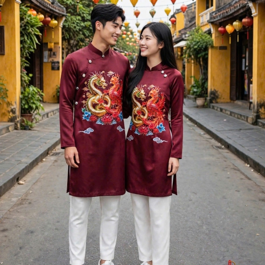 ÁO DÀI CÁCH TÂN NAM RỒNG PHƯỢNG 