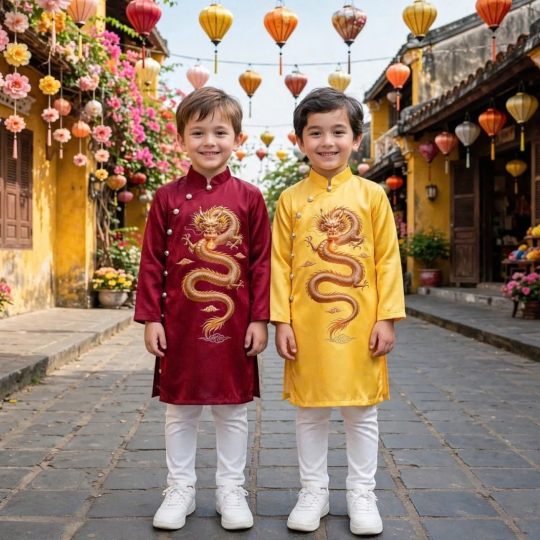 ÁO DÀI CÁCH TÂN HỌA TIẾT RỒNG VÀNG
