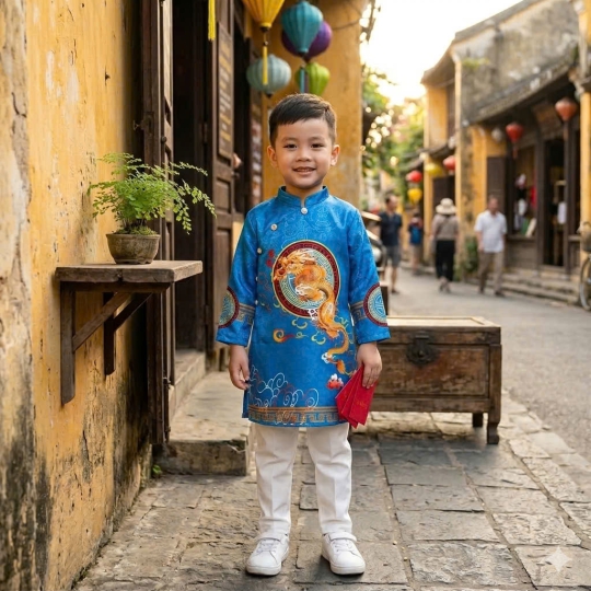 ÁO DÀI CÁCH TÂN BÉ TRAI VẢI GẤM