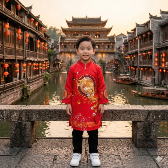 ÁO DÀI CÁCH TÂN BÉ TRAI VẢI GẤM