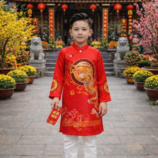 ÁO DÀI CÁCH TÂN BÉ TRAI VẢI GẤM