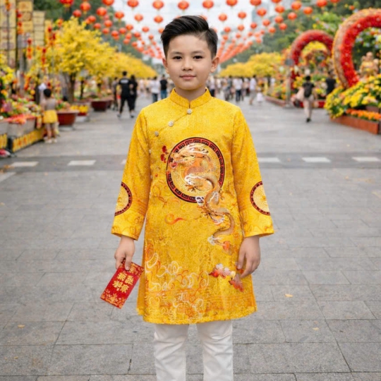 ÁO DÀI CÁCH TÂN BÉ TRAI VẢI GẤM