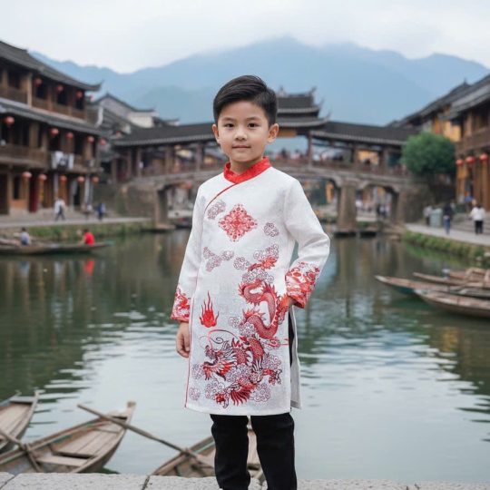 ÁO DÀI CÁCH TÂN HỌA TIẾT RỒNG CHO BÉ TRAI