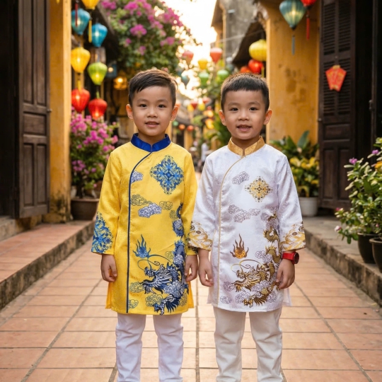 ÁO DÀI CÁCH TÂN HỌA TIẾT RỒNG CHO BÉ TRAI