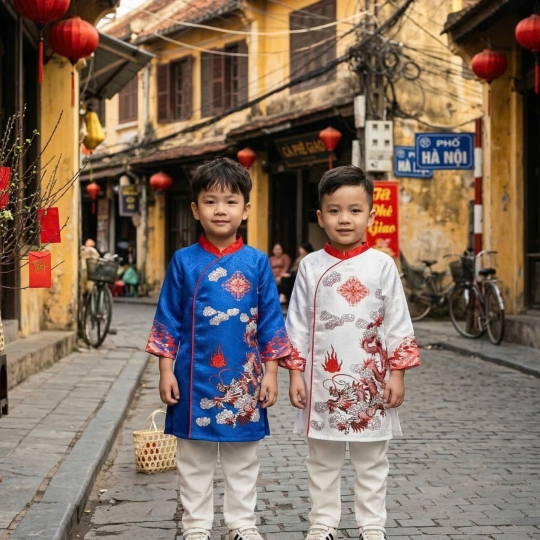 ÁO DÀI CÁCH TÂN HỌA TIẾT RỒNG CHO BÉ TRAI