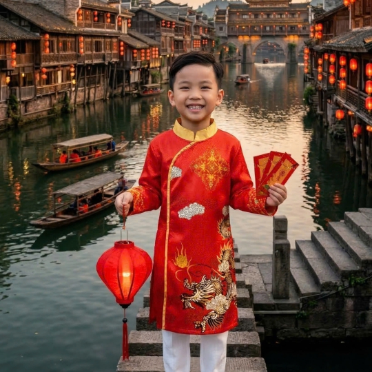 ÁO DÀI CÁCH TÂN HỌA TIẾT RỒNG CHO BÉ TRAI