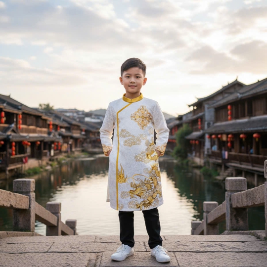 ÁO DÀI CÁCH TÂN HỌA TIẾT RỒNG CHO BÉ TRAI