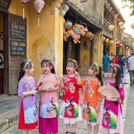 ÁO DÀI BÉ GÁI HỌA TIẾT CÒ HOA SEN