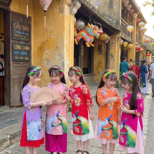 ÁO DÀI BÉ GÁI HỌA TIẾT CÒ HOA SEN