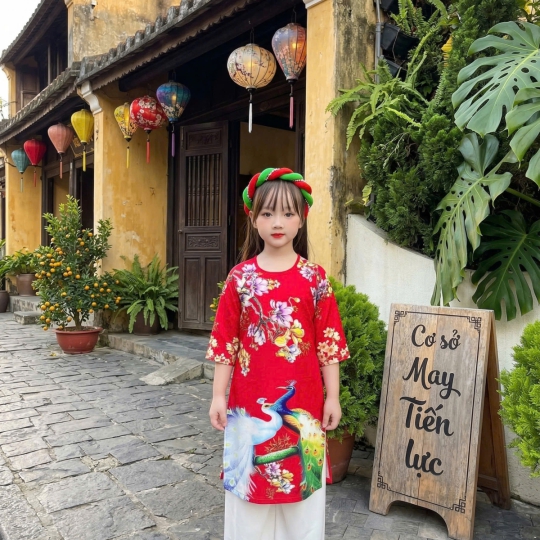 ÁO DÀI BÉ GÁI HỌA TIẾT CÒ HOA SEN