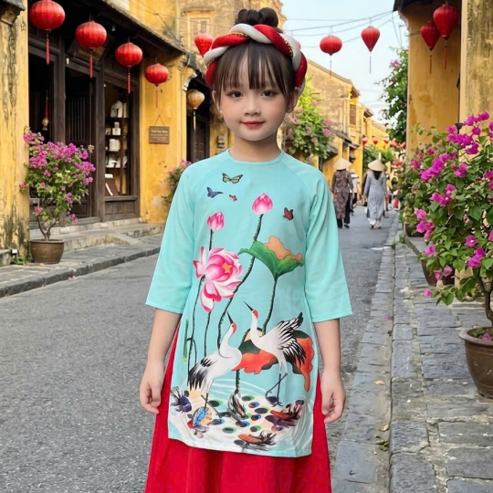 ÁO DÀI BÉ GÁI HỌA TIẾT CÒ HOA SEN