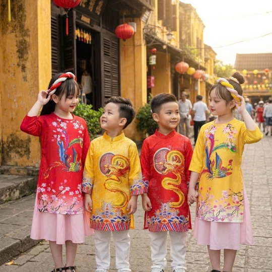 ÁO DÀI BÉ GÁI HỌA TIẾT IN PHƯỢNG HOÀNG