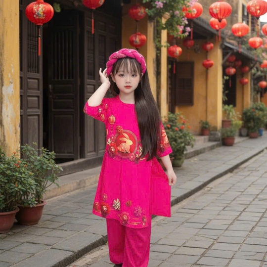 ÁO DÀI BÉ GÁI HỌA TIẾT THỎ