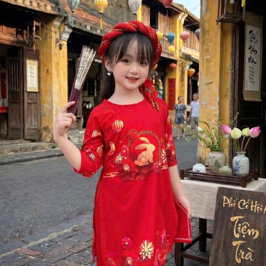 ÁO DÀI BÉ GÁI HỌA TIẾT THỎ