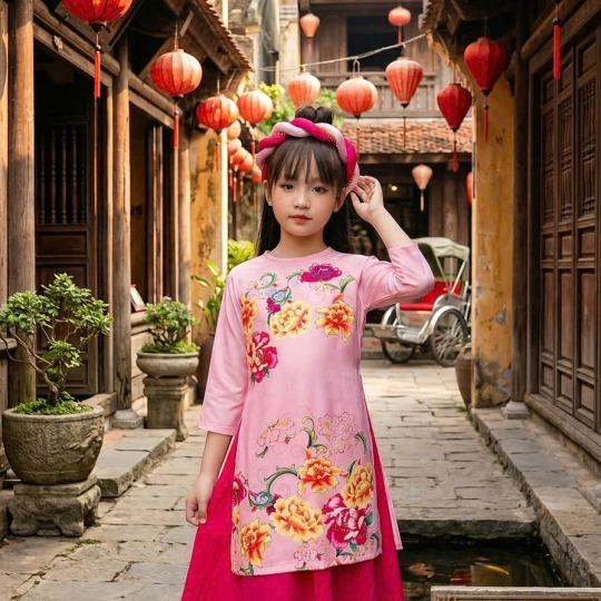 ÁO DÀI BÉ GÁI HỌA TIẾT HOA MẪU ĐƠN