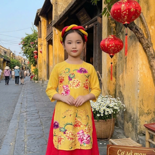 ÁO DÀI BÉ GÁI HỌA TIẾT HOA MẪU ĐƠN