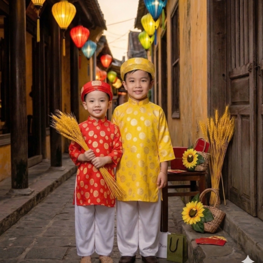 ÁO DÀI GẤM CHO BÉ TRAI VÀ BÉ GÁI