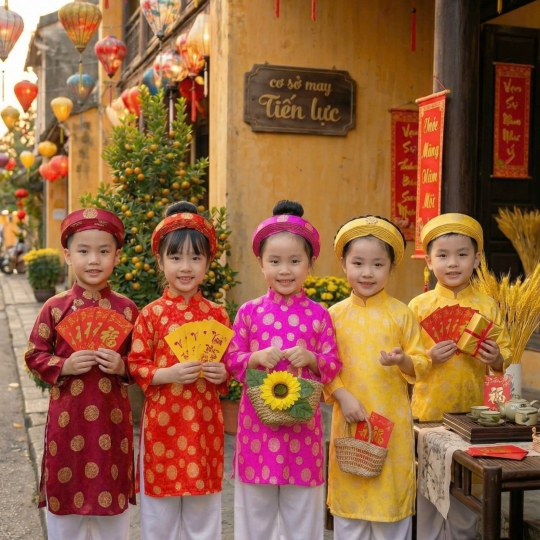 ÁO DÀI GẤM CHO BÉ TRAI VÀ BÉ GÁI