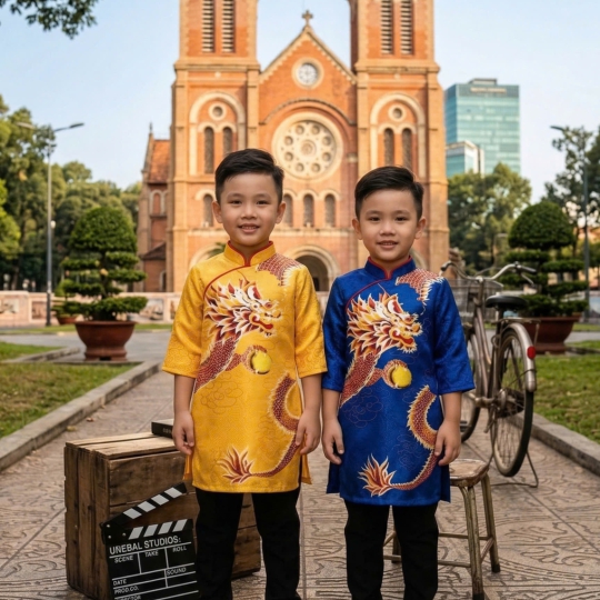 ÁO DÀI CÁCH TÂN BÉ TRAI HỌA TIẾT RỒNG NGỌC