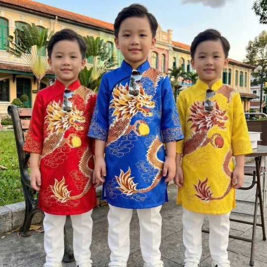 ÁO DÀI CÁCH TÂN BÉ TRAI HỌA TIẾT RỒNG NGỌC