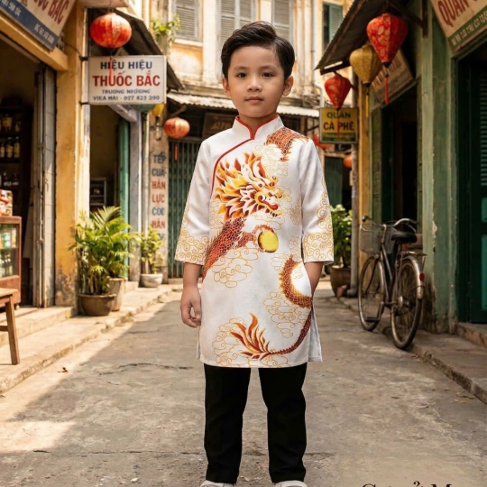ÁO DÀI CÁCH TÂN BÉ TRAI HỌA TIẾT RỒNG NGỌC