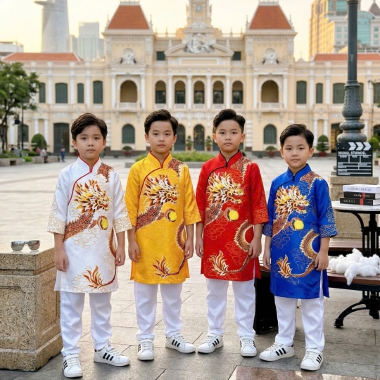 ÁO DÀI CÁCH TÂN BÉ TRAI HỌA TIẾT RỒNG NGỌC